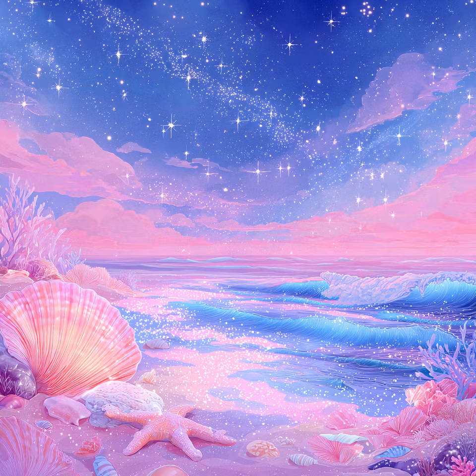 diamond painting, strandbild i blått och rosa