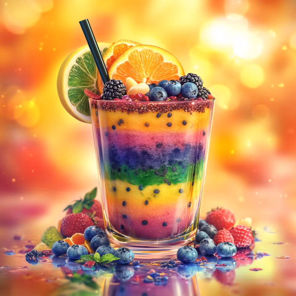 diamond painting, smoothie med bär i regnbågens färger