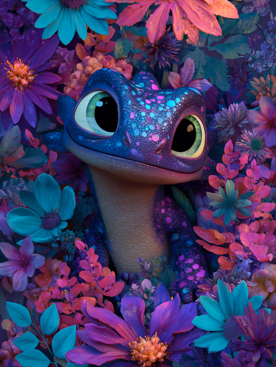 Diamond Painting - Färgsprakande ödla i blomsterhav (Beställningsvara)