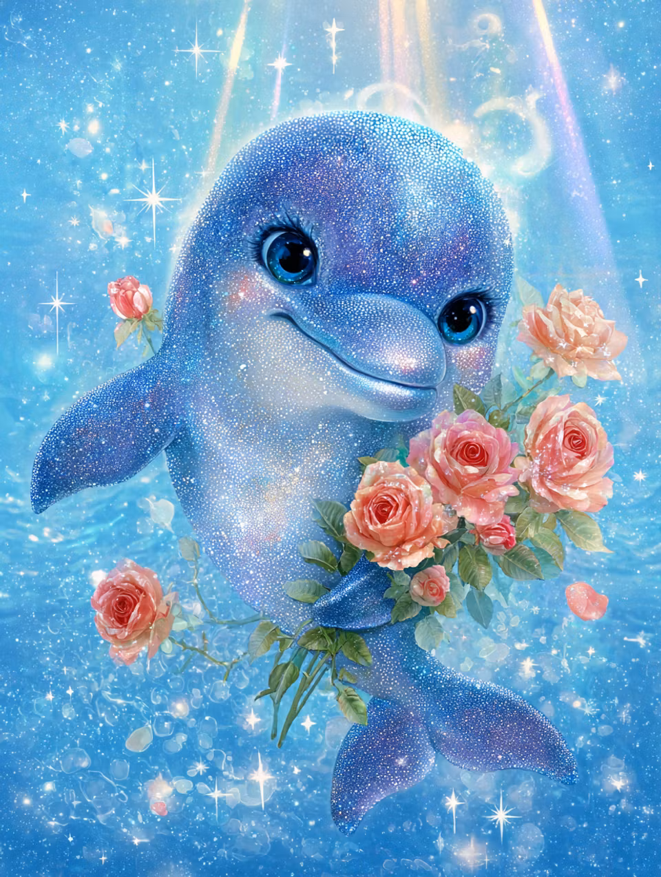 Korsstygn - Glittrande delfin med rosor (Beställningsvara)