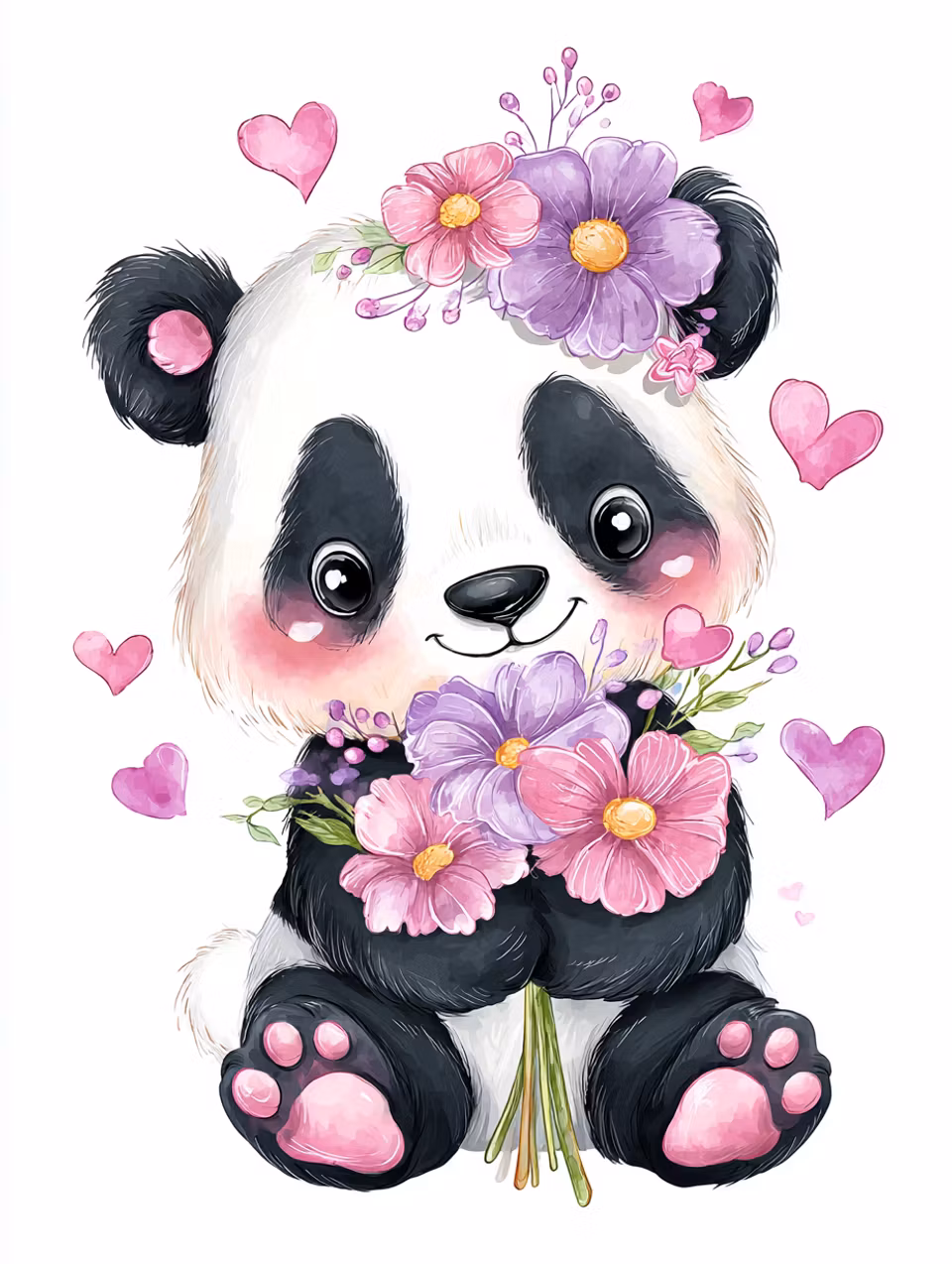 Korsstygn - Söt panda med blomsterbukett (Beställningsvara)