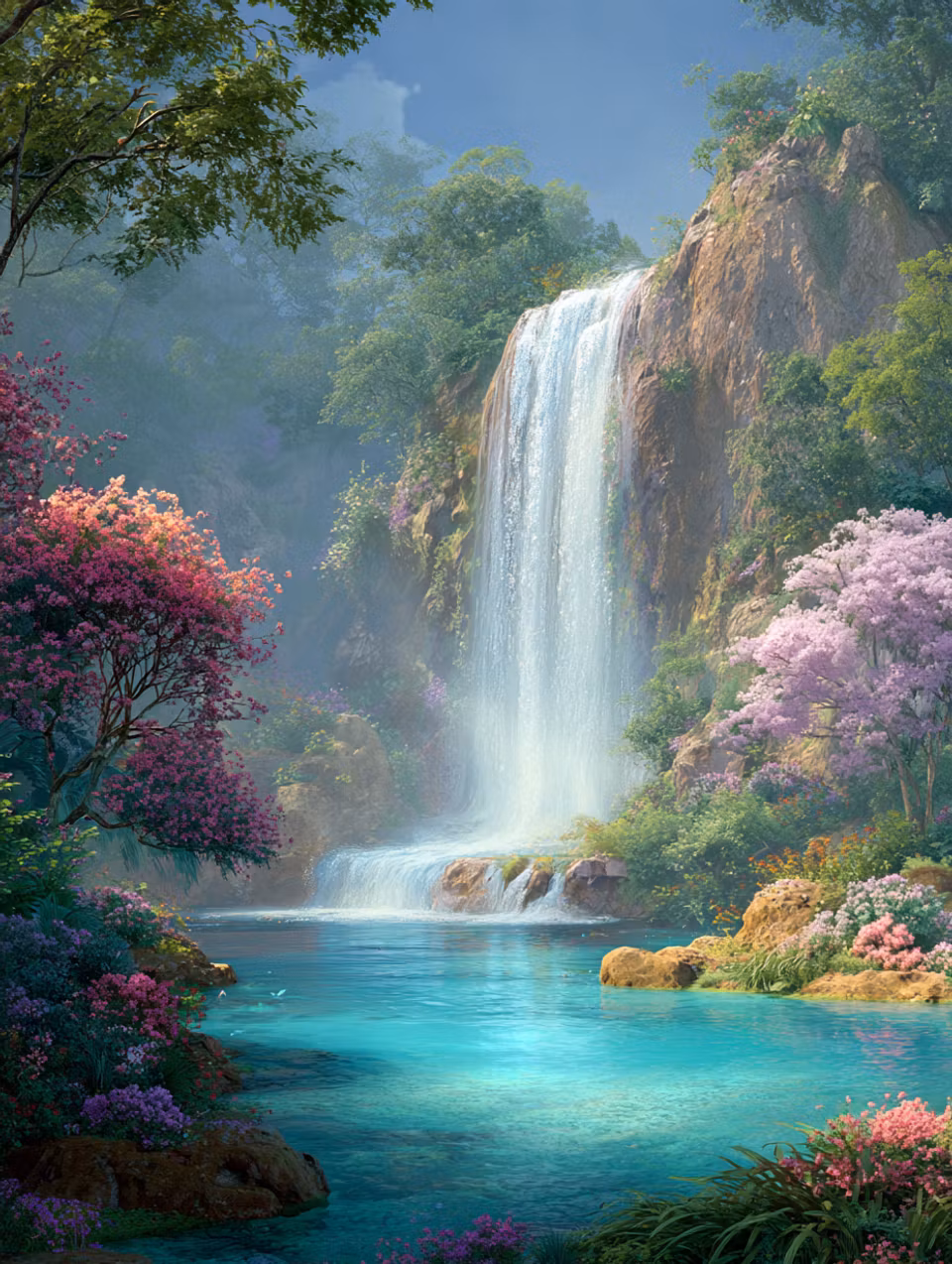 Diamond Painting - Drömlik oas – vattenfall i blomsterprakt (Beställningsvara)