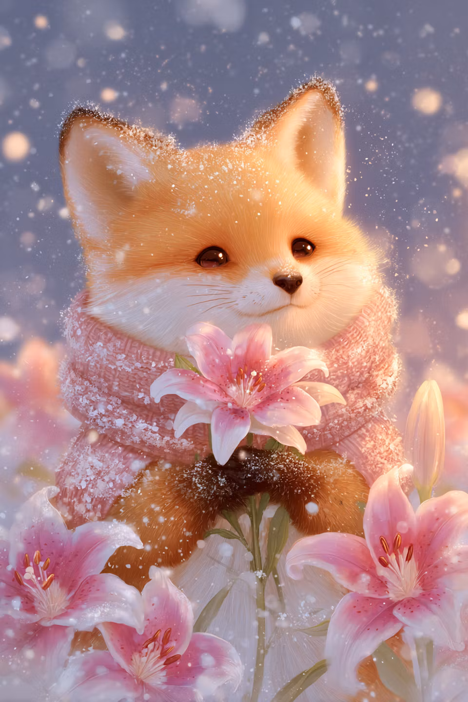 diamond painting, räv i halsduk bland snö och blommor