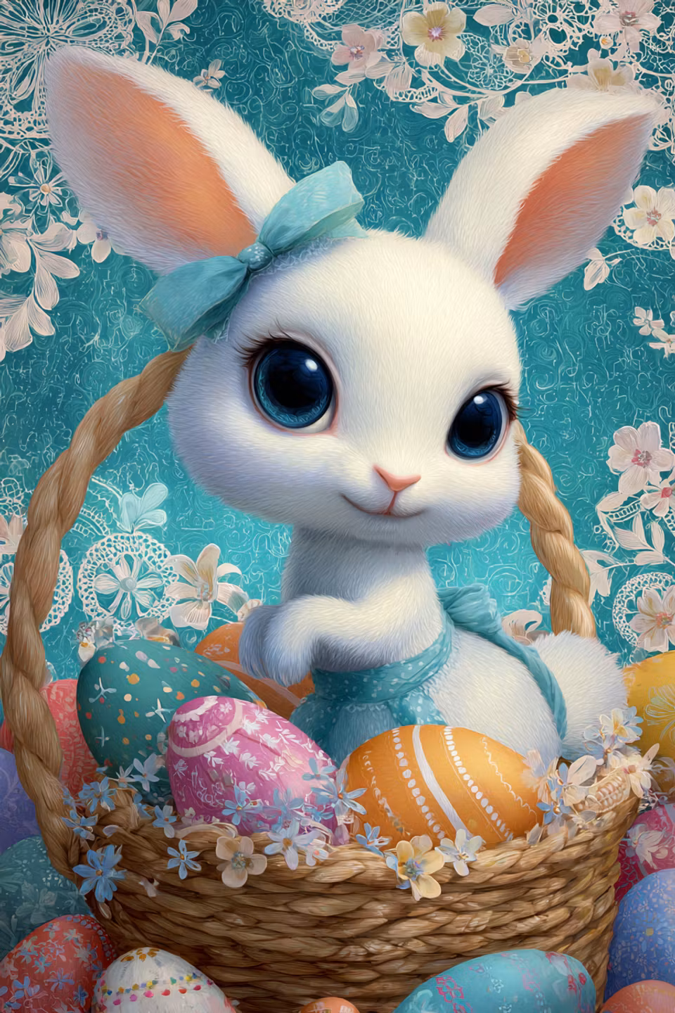 diamond painting, kanin i en korg med påskägg och blommor