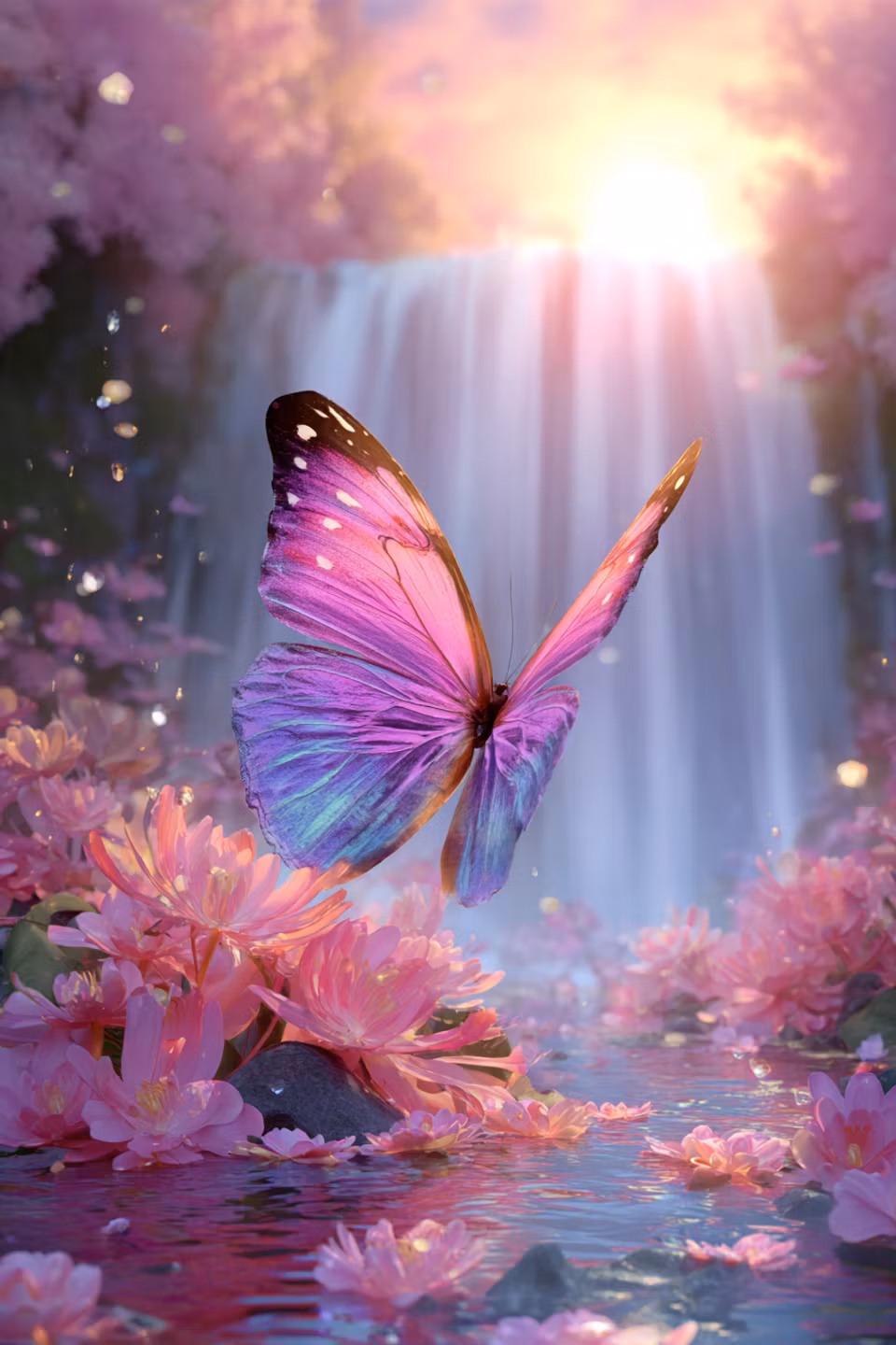 Diamond painting, fjäril över stilla vattenfall