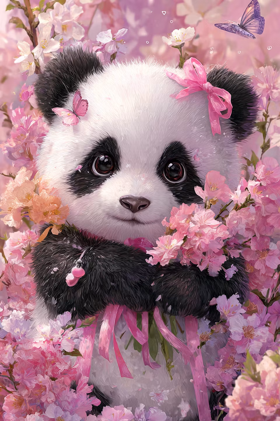 diamond painting, panda bland körsbärsblommor och fjärilar
