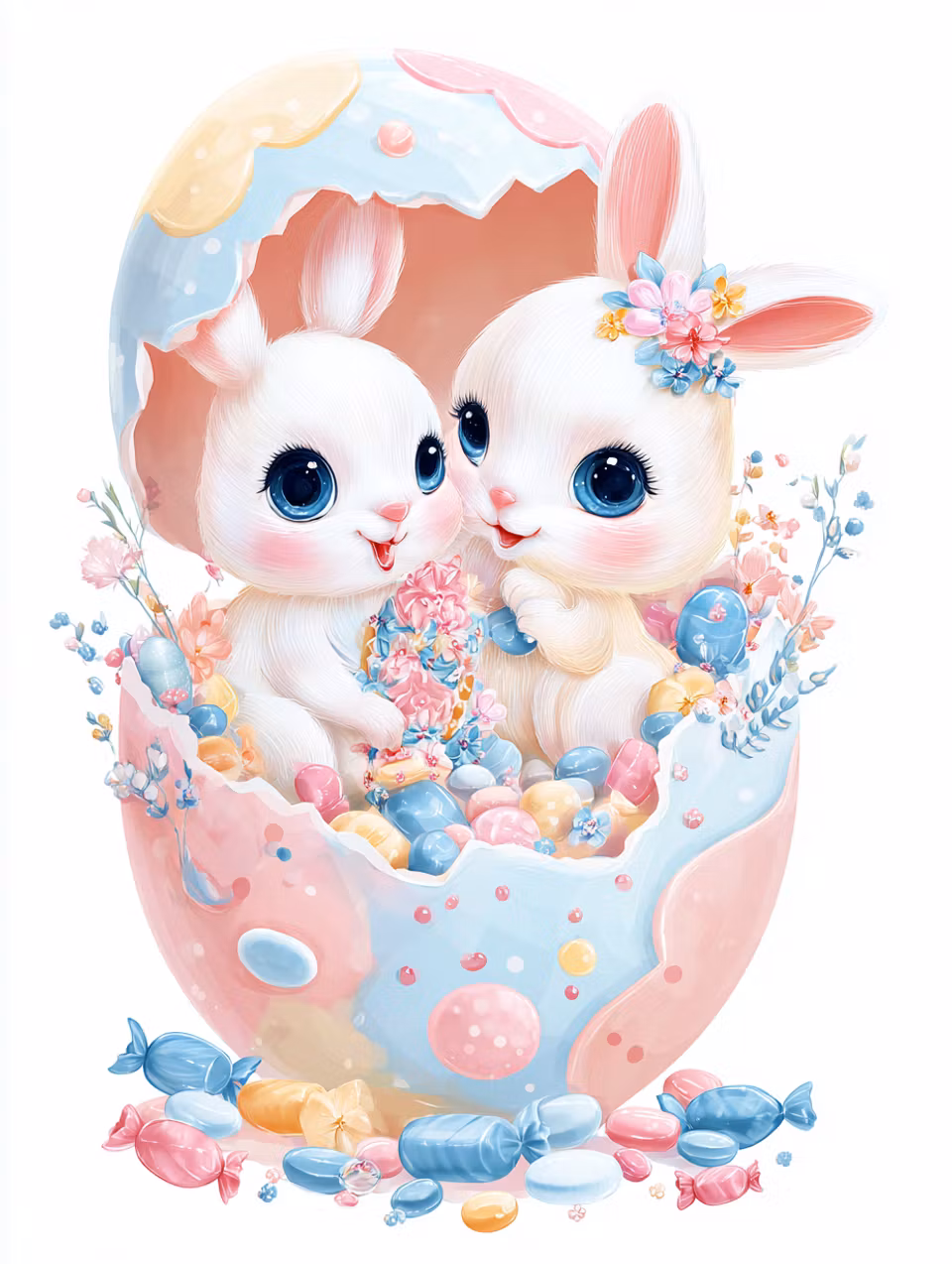 diamond painting, kaniner i påskägg, godis och blommor