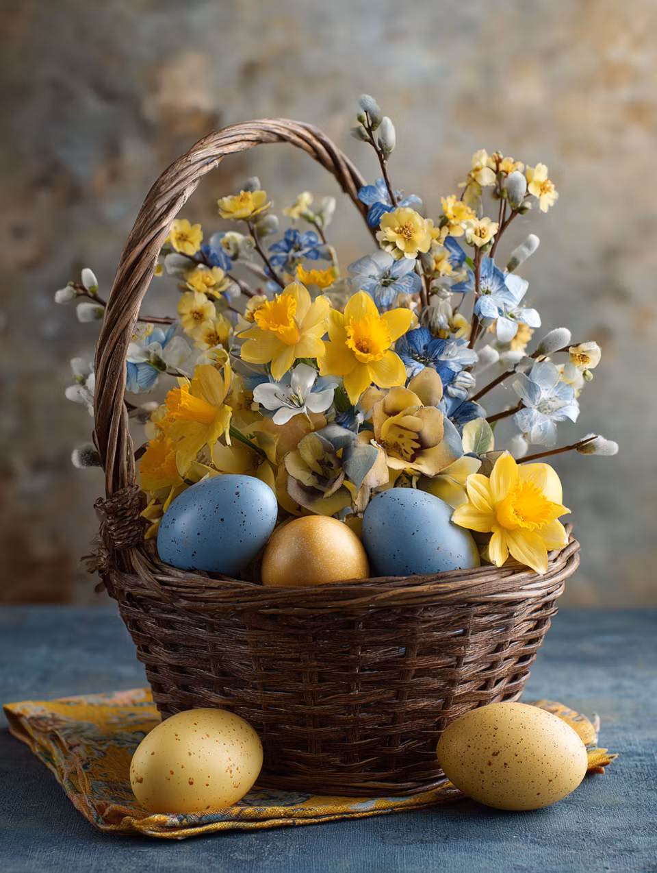 diamond painting, korg med påskägg och vårblommor