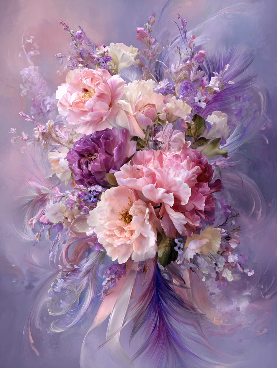 diamond painting, bukett med pioner och blommor