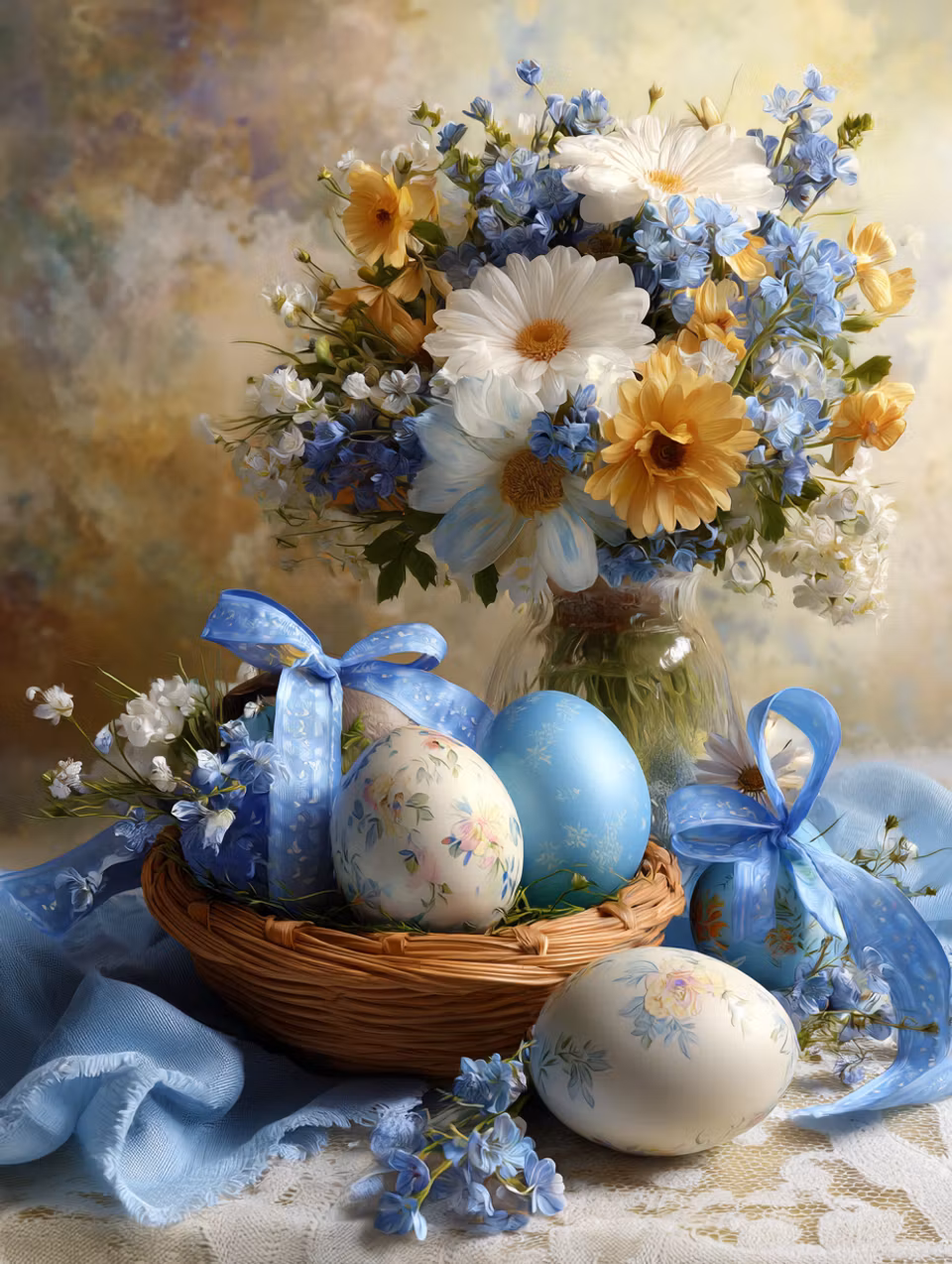 diamond painting, bukett med blommor, dekorerade påskägg