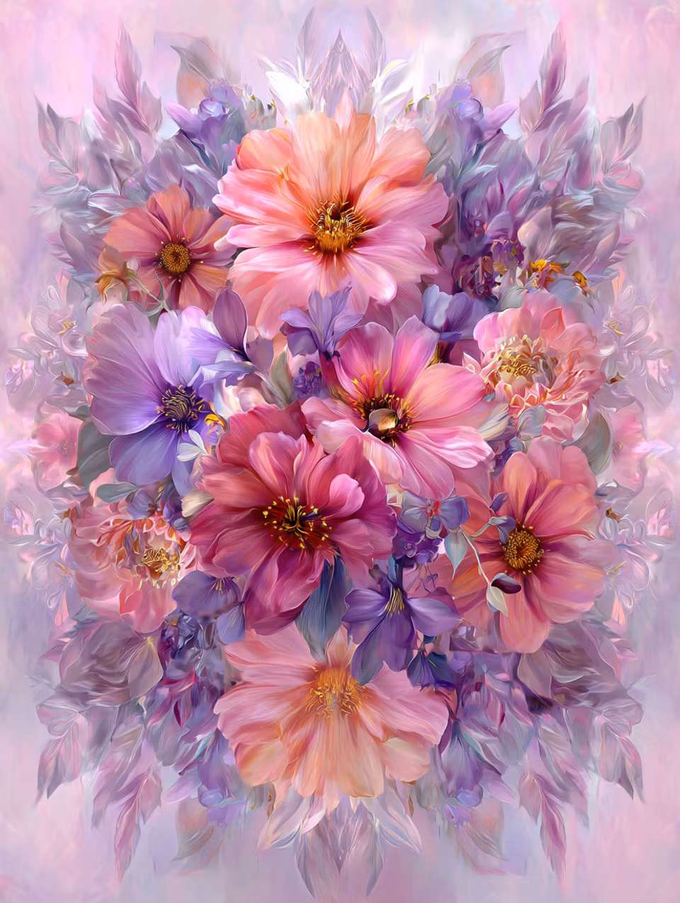 Diamond painting, bukett i rosa, lila och persika