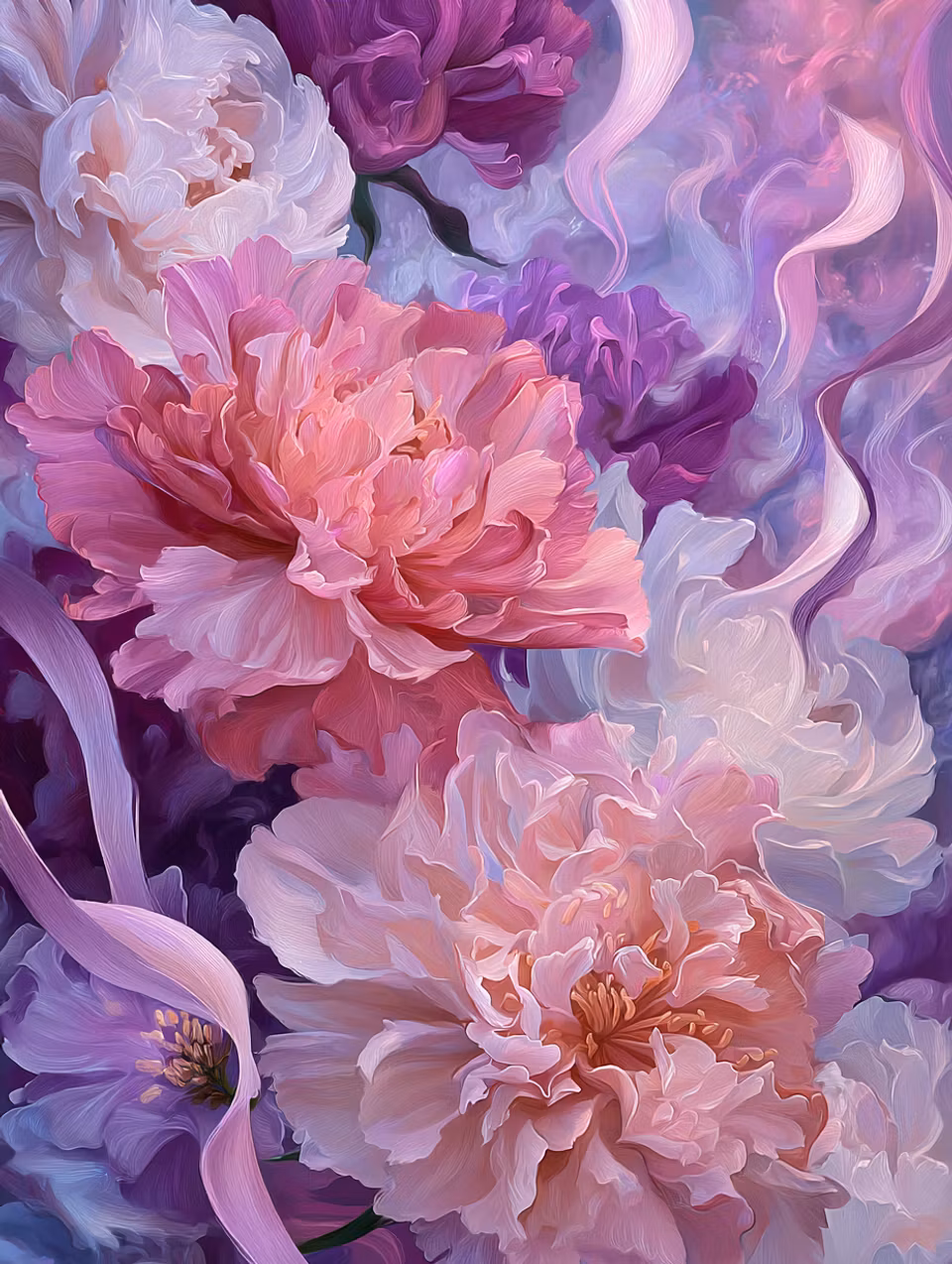 diamond painting, rosa och lila pioner