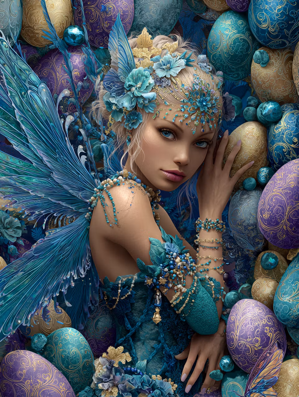 diamond painting, magisk älva med mönstrade påskägg