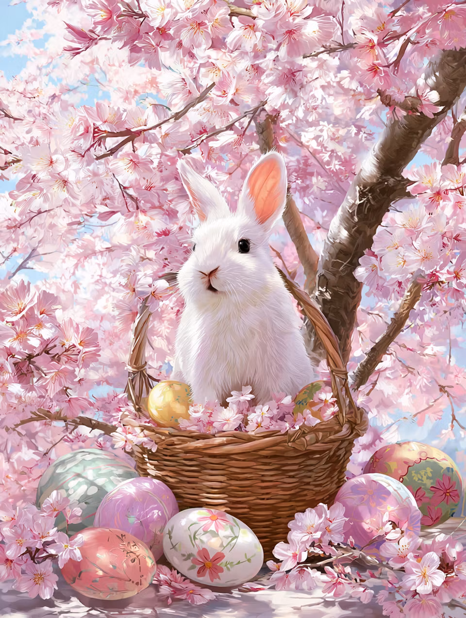 diamond painting, vit kanin i korg, blommande körsbärsträd och ägg