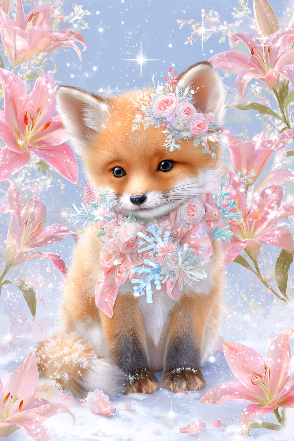 diamond painting, räv bland blommor, liljor