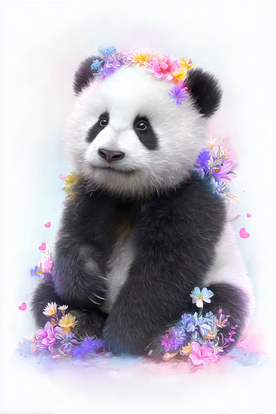 diamond painting, panda bland blommor och hjärtan