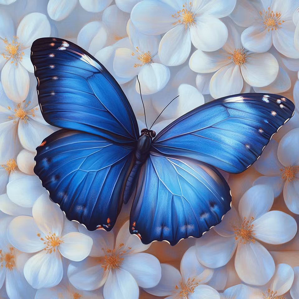 diamanttavla, blå fjäril och vita blommor