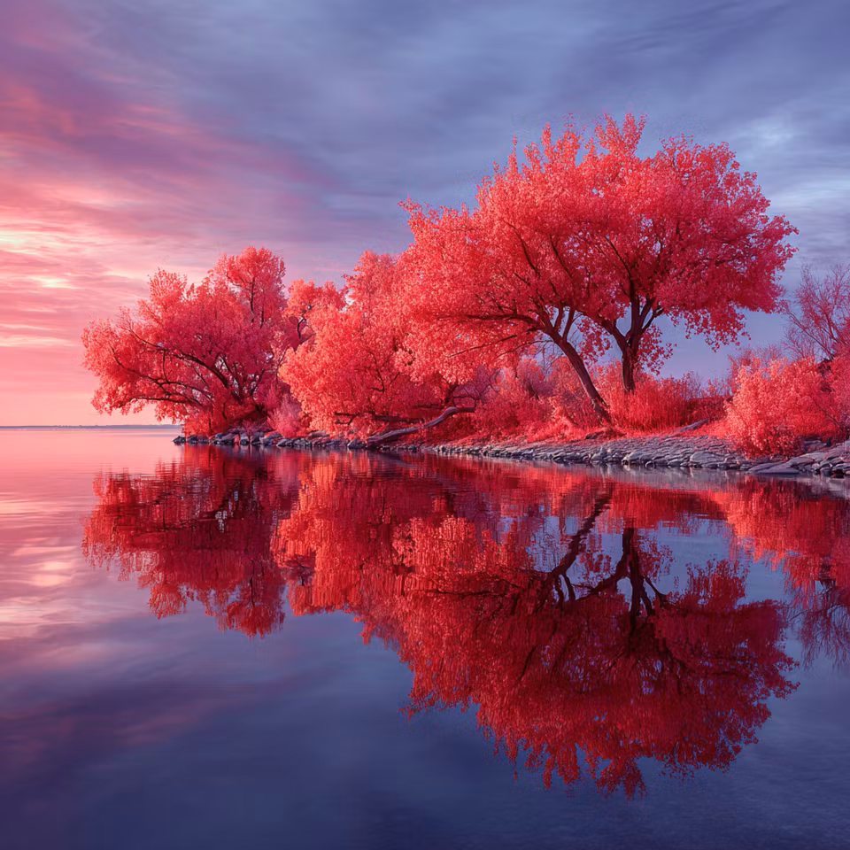 diamanttavla, röda träd, spegelblank sjö