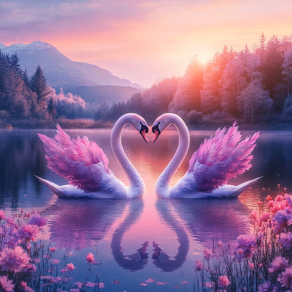 diamanttavla, svanar på vatten, solnedgång