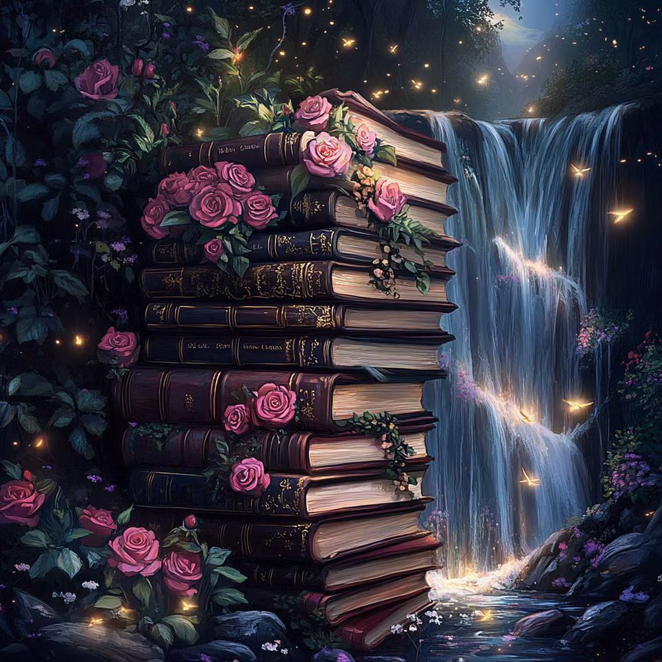 diamanttavla, rosor och böcker, vattenfall