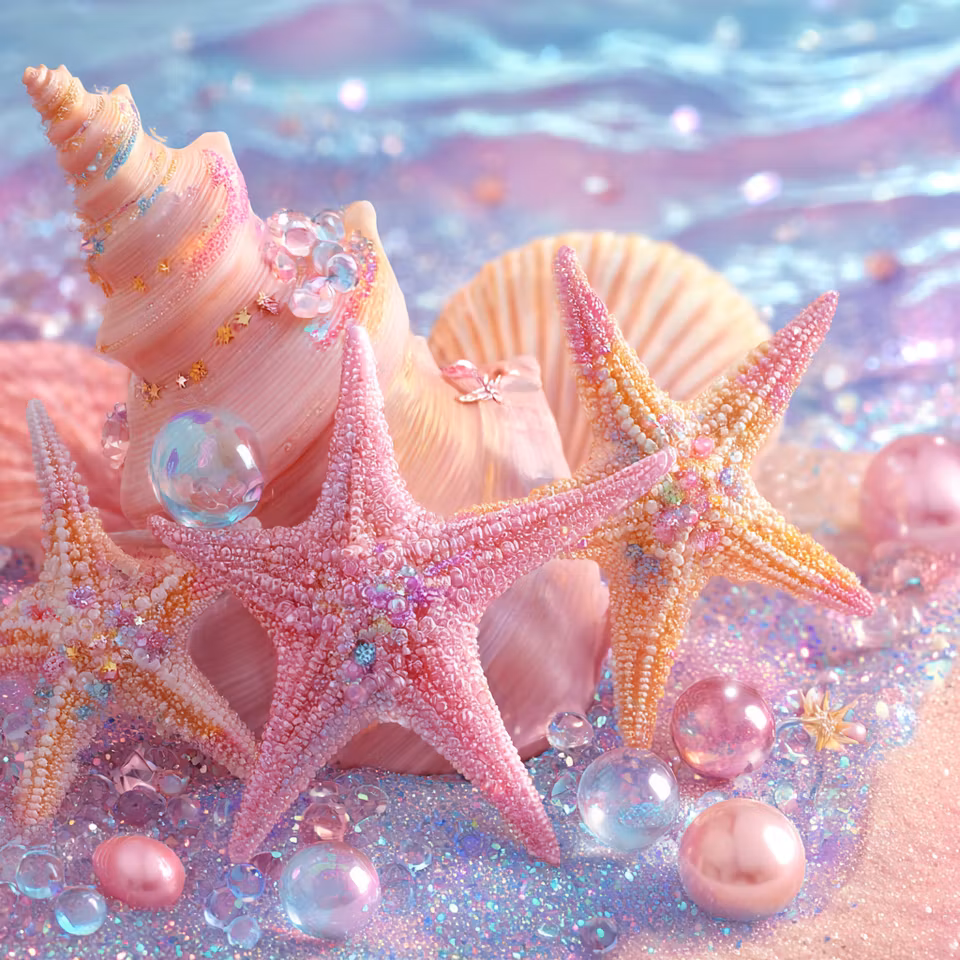 diamanttavla, snäckor och sjöstjärnor vid havet