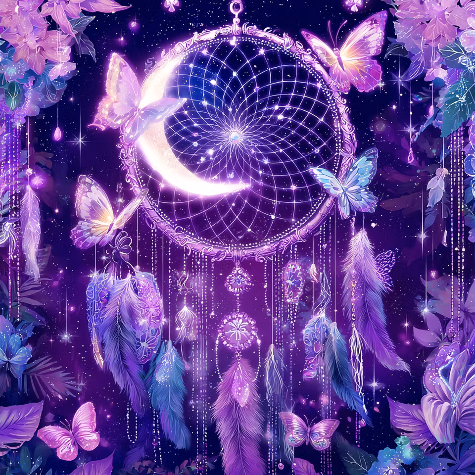 diamanttavla, drömfångare, måne, fjädrar och fjärilar