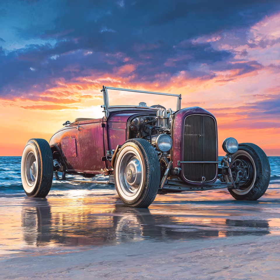 diamanttavla, hot rod-bil vid stranden