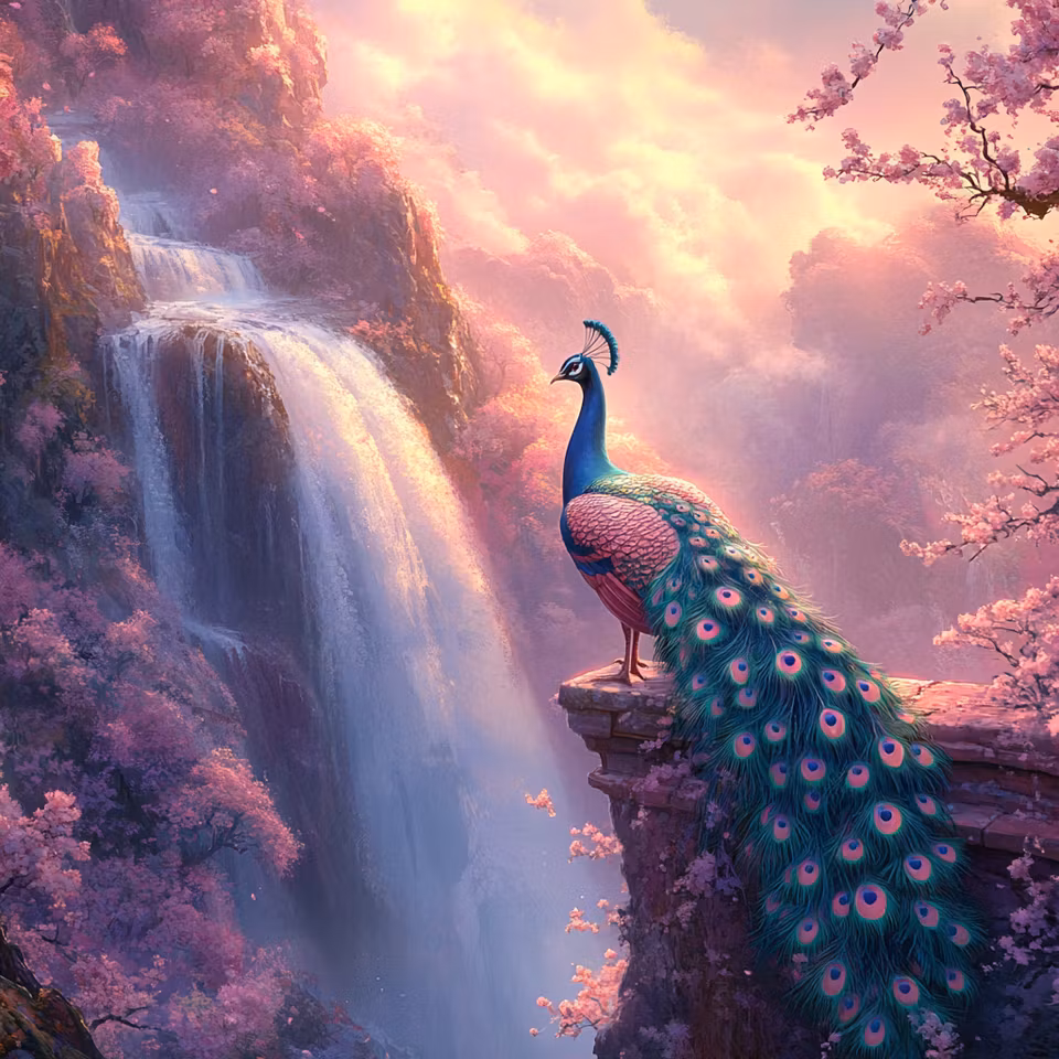 diamanttavla, påfågel vid vattenfall