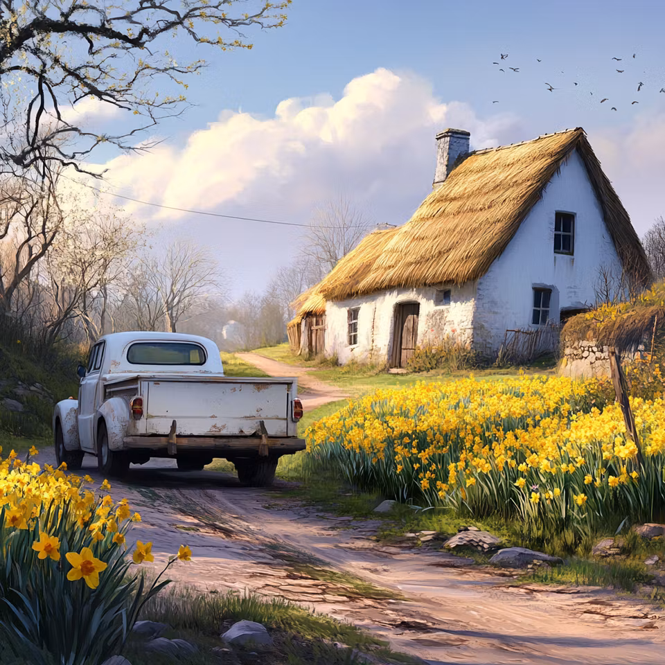 diamanttavla, gammal stuga och pickup