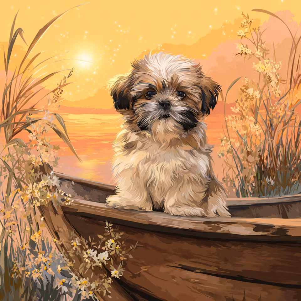 diamanttavla, hund i båt, solnedgång