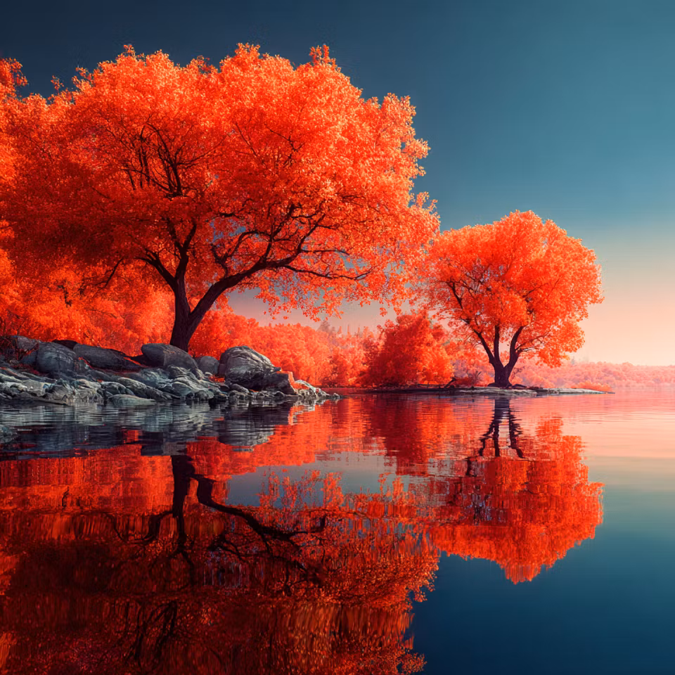 diamanttavla, röda träd vid vatten