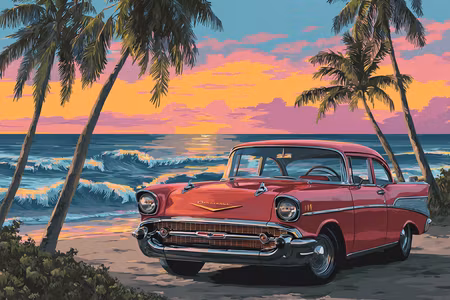 Korsstygn - Rosa Chevrolet vid Tropisk Strand (Beställningsvara)