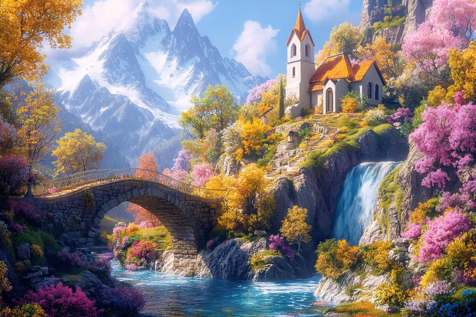 Diamond Painting - Blomstrande Bergskyrka vid Vattenfallet (Beställningsvara)
