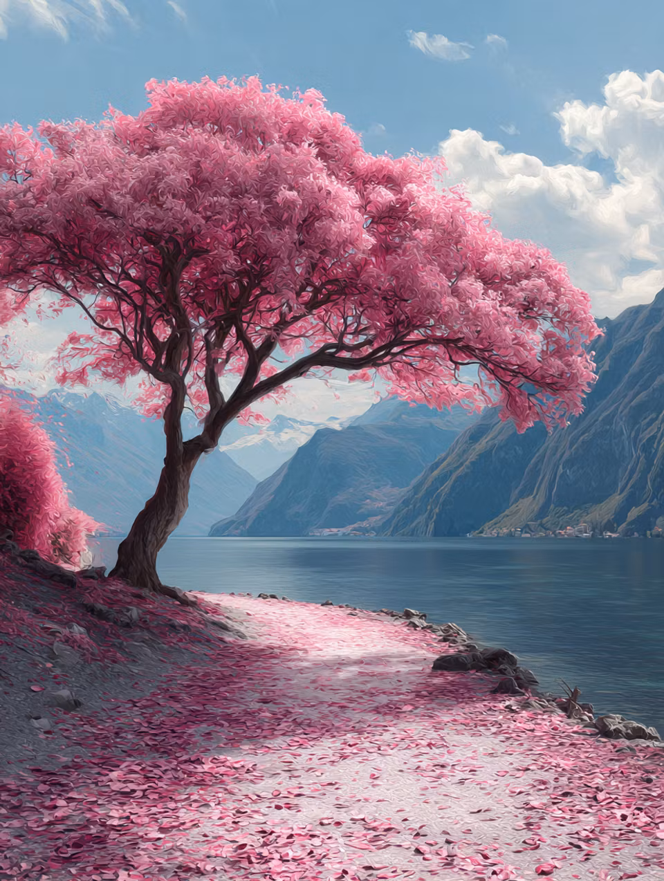 Paint by number - Rosa Blomsterträd vid Fjorden (Beställningsvara)