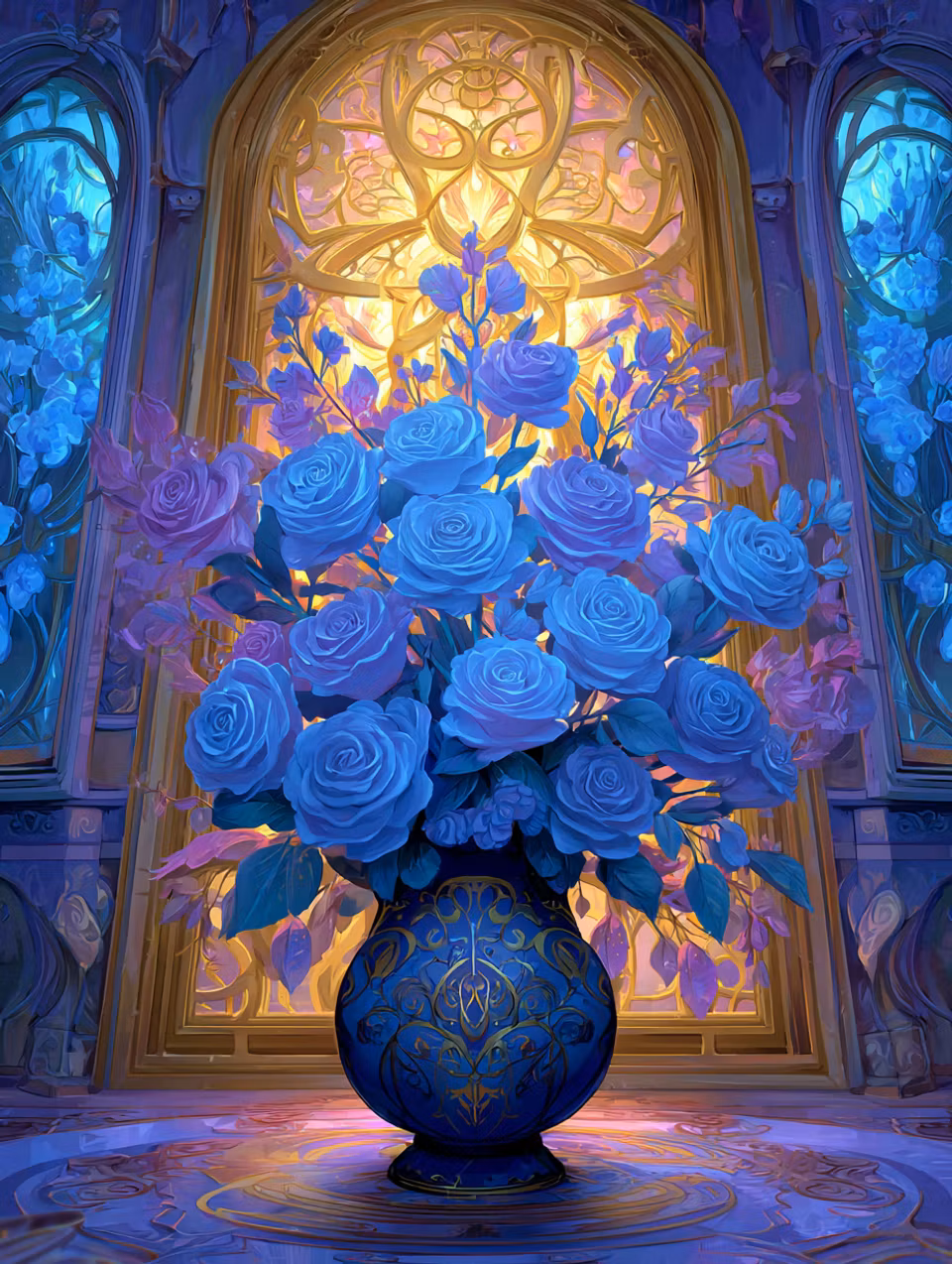 Diamond Painting - Blå Rosor i Gyllene Ljus (Beställningsvara)