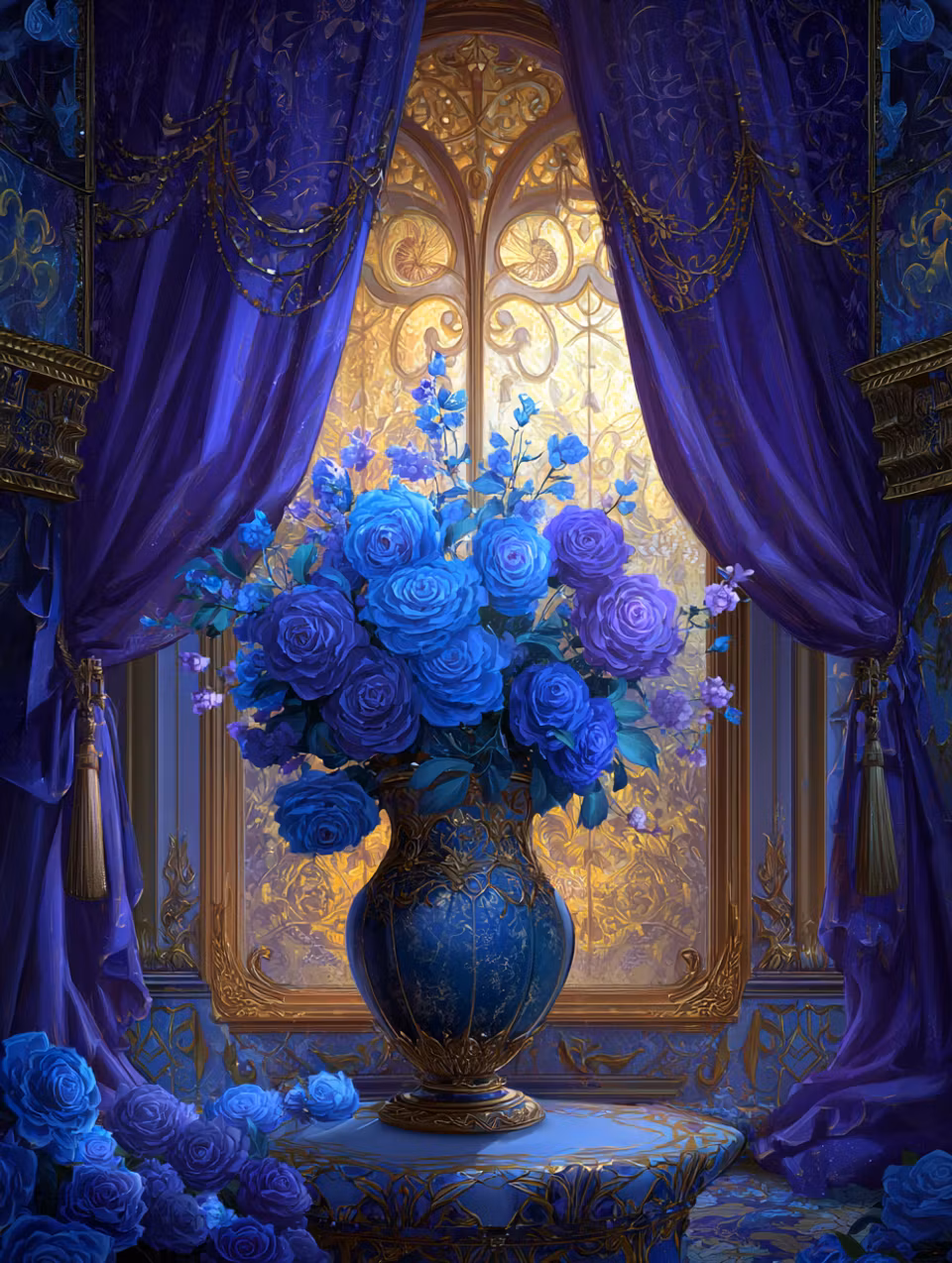 Diamond Painting - Rosor bakom Purpurgardinen (Beställningsvara)