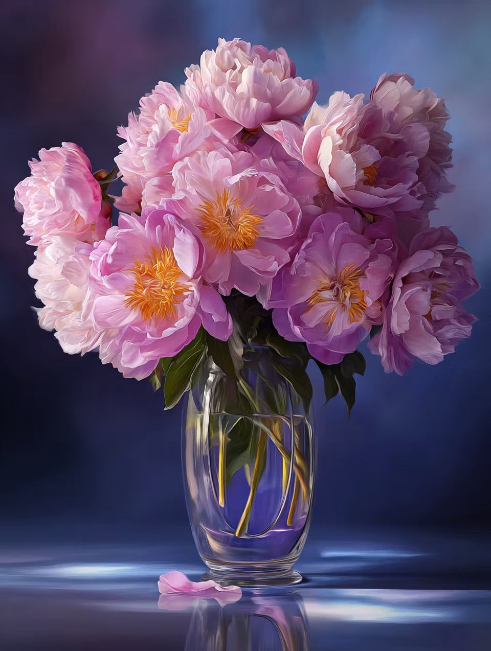Diamond Painting - Rosa Pioner i Blått Ljus (Beställningsvara)