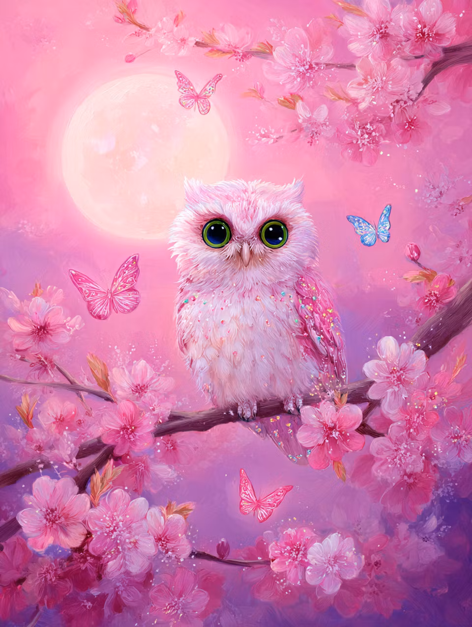 Diamond Painting - Rosa Uggla i Blomstersken (Beställningsvara)