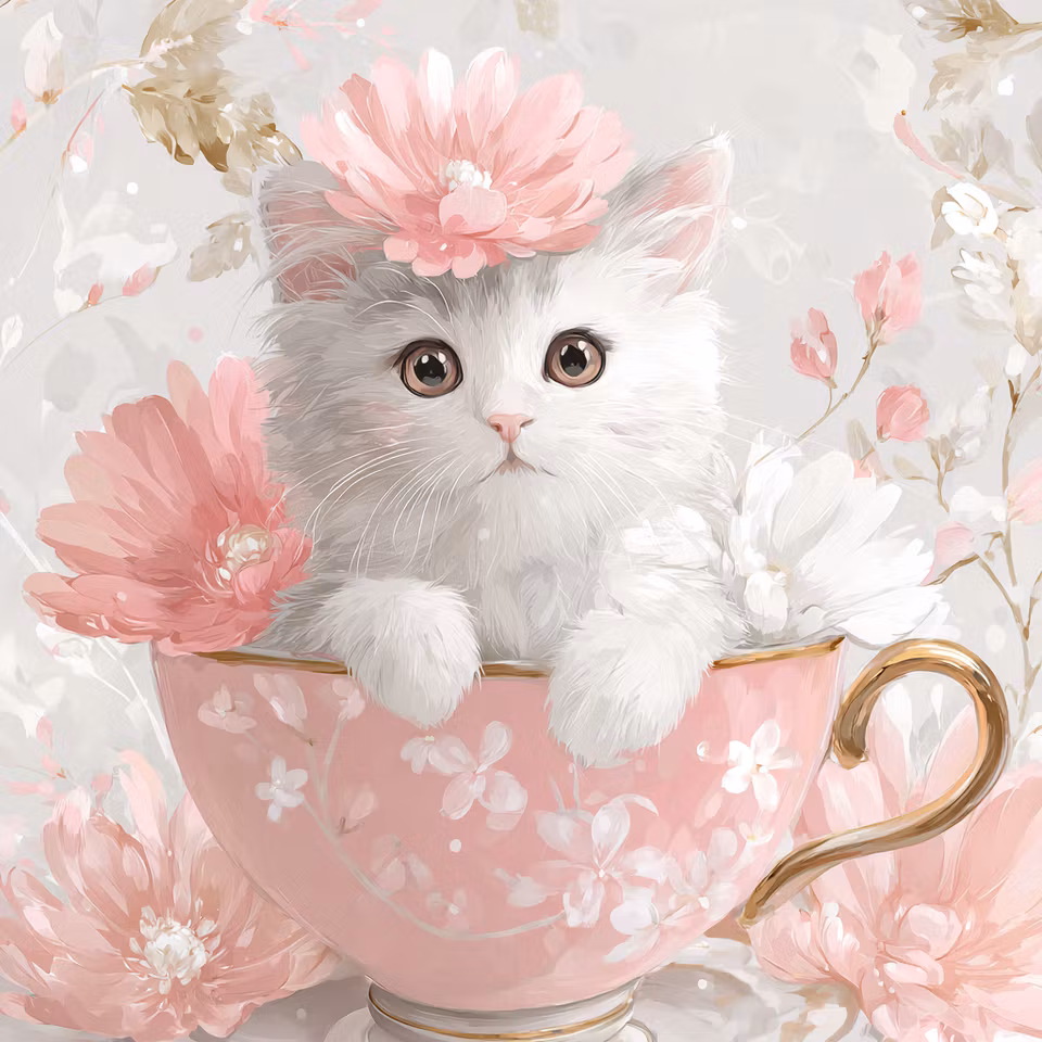 Diamond Painting - Lilla Kattungen i Blomsterkoppen (Beställningsvara)