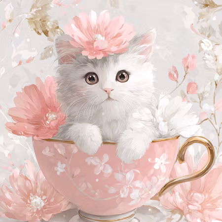 Diamond Painting - Lilla Kattungen i Blomsterkoppen (Beställningsvara)