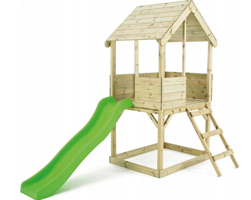 Trelekehus for hagen med sklie, sandkasse, tårn og lekeplass