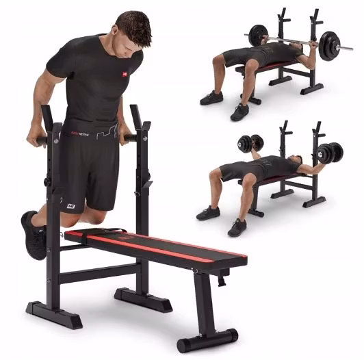 Rett treningsbenk, regulerbar, maks belastning 270 kg, med dip‑funksjon