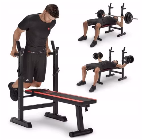 Rett treningsbenk, regulerbar, maks belastning 270 kg, med dip‑funksjon