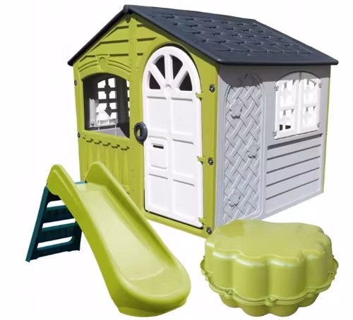 HAGEHUS + SKLIE + SANDKASSE (2 stk) – LEKEPLASS 3‑I‑1 PalPlay