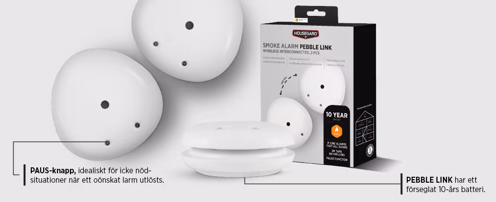 Housegard Pebble Link, trådlös brandvarnare med inbyggt 10-årsbatteri, 1-pack