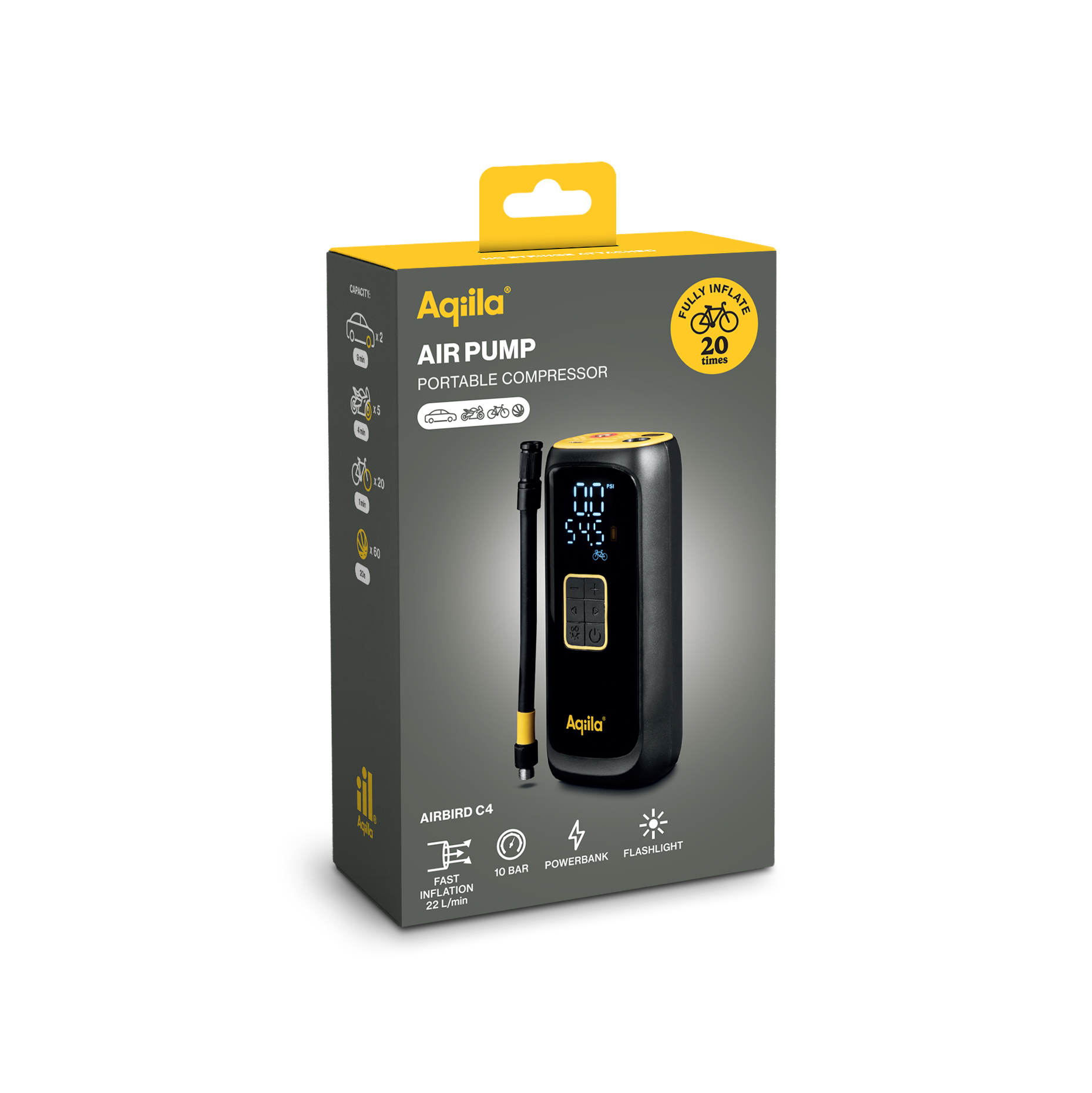Aqiila Airbird C4 – Luftpump, bärbar kompressor, powerbank, ficklampa