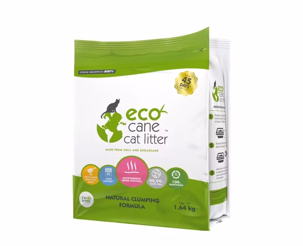 Framsidan av en förpackning med 5,8 liter miljövänlig kattsand från Eco Cane.