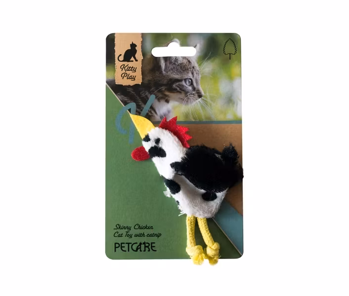 En kattleksak i form av kyckling. Innehåller kattmynta. Är fortfarande kvar i förpackningen.