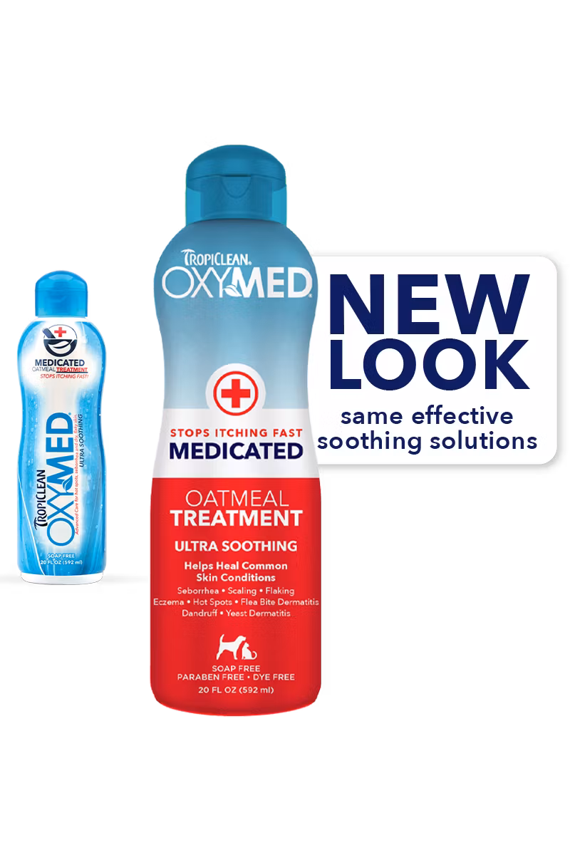 Framsidan av Tropiclean Oxy-Med - ett klådstillande hundschampo.