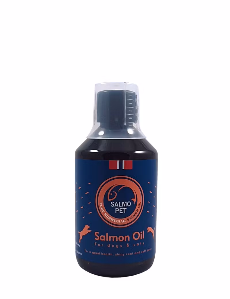 En mellanstor flaska med Salmopet Laxolja för hundar och katter.